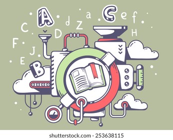Vector illustration of mechanism to write book and letters on green background. Line art design for web, site, advertising, banner, poster, board and print.