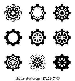Vector illustration of mechanisms. Gear icons. Mechanical background. Toothed silhouettes of gears. Watches, mechanisms, devices, tools, technologies, wheels. Abstract creative gears and cogs