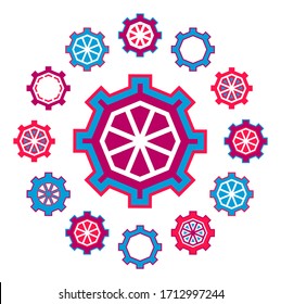 Vector illustration of mechanisms. Gear icons. Mechanical background. Toothed silhouettes of gears. Watches, mechanisms, devices, tools, technologies, wheels. Abstract creative gears and cogs