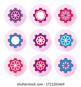Vector illustration of mechanisms. Gear icons. Mechanical background. Toothed silhouettes of gears. Watches, mechanisms, devices, tools, technologies, wheels. Abstract creative gears and cogs