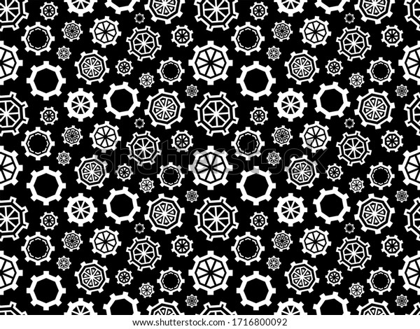 Vector illustration of mechanisms. Gear icons.\
Seamless mechanical background. Toothed silhouettes of gears.\
Watches, mechanisms, devices, tools, technologies, wheels. Abstract\
creative gears and cogs