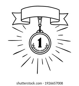 Vector illustration of medal with ribbon, icon with copy space on white. Champion sport award. Winner prize, number 1 champion. Celebration winning concept for kids t shirt, print.