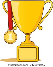  vector illustration of medal and trophy .Illustration of a Golden Trophy with a Red Ribbon and a Medal