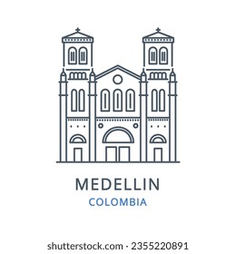 Vector illustration of MEDELLIN in the country of COLOMBIA. Linear icon of the famous, modern city symbol. Cityscape outline line icon of city landmark on a white background.  