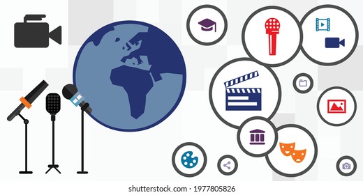 vector illustration of media content creation and videos spreading around the world 