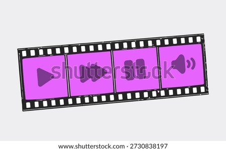 Vector illustration of media control icons inside a stylized film strip frame. Play, fast forward, pause and volume symbols in modern flat style. Concept of video player interface, multimedia control, streaming, editing and digital media.