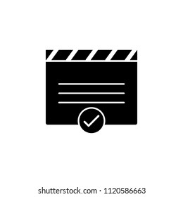 Vector illustration of media player with check mark isolated icon on white background.