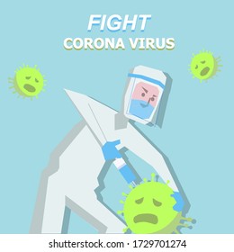 Vector Illustration medic Fight corona virus isolated with soft blue background