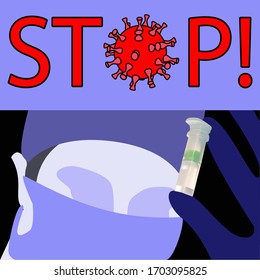 Vector illustration of a medic with a test tube in hands. Coronovirus concept.