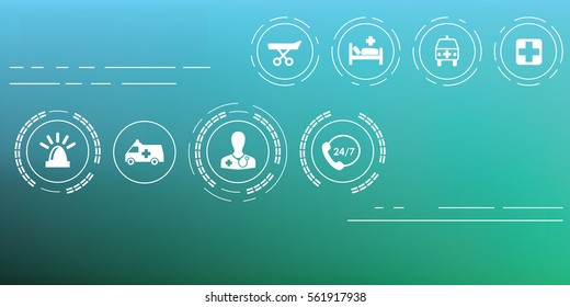 vector illustration / medical and ambulance icons set on blurry background / horizontal banner