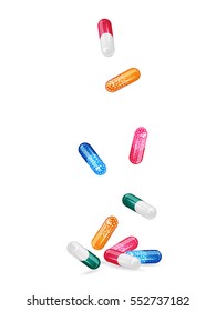 Vector illustration. Medical backdrop. Falling colorful capsule with granules on white background, vitamins. Design for poster, banner, business cards for the clinic. 3D