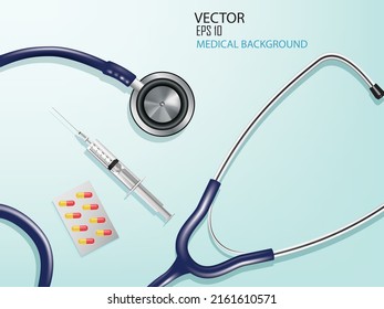 vector illustration medical background design template, include stethoscope and syringe and medicine capsules.