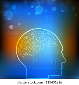 Vector illustration of medical background or template with human brain, molecules in blue. EPS 10.