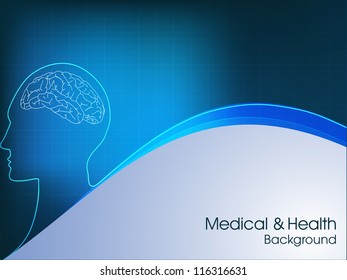 Vector illustration of medical background or template with human brain, molecules in blue.