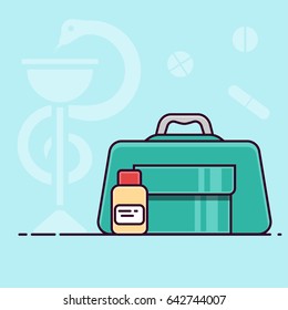 Vector illustration of medical bags in flat style. Medical reticule with pills
