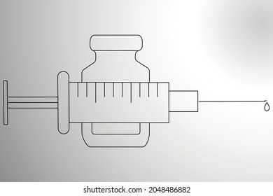 Ilustración vectorial de botella médica, inyección en blanco y negro, Frasco de Medicina para tratamiento de coronavirus líquido, Medicación de vacunación de laboratorio, plantilla de equipo de inmunización, jeringa.