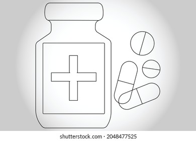 Vektorgrafik der medizinischen Flasche, der Tabletten und der Kapsel in Schwarz-Weiß, Arzneimittelflasche für die Behandlung mit flüssigen Coronavirus, Laborimpfmittel, Vorlage für die Immunisierungsausrüstung