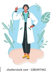 Vector illustration of Medical concept of female doctor in white coat with phonendoscope. Woman hospital worker character smiling.