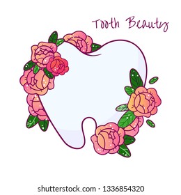 Vector illustration for medical design. Beautiful healthy tooth with cute flowers, abstract roses and leaves on white background. Art perfect for dental clinic, prints and more