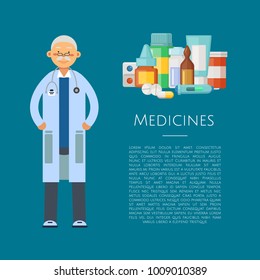 Vector illustration with medical doctor character and pile of medicines and pills with place for text