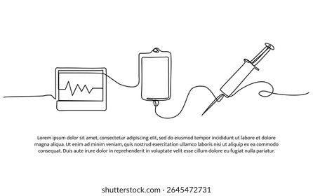 Vector illustration of medical equipment injection, heart, dropper. Modern flat in continuous line style.