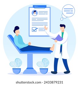 Vector illustration of medical examination as the concept of a doctor's medical test on a patient. Preventive examinations reduce disease and disease diagnosis. Consultation with hospital specialists.