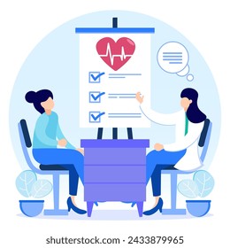 Ilustración vectorial del examen médico como el concepto de la prueba médica de un médico en un paciente. Los exámenes preventivos reducen la enfermedad y su diagnóstico. Consulta con especialistas del hospital.