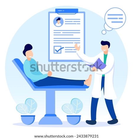 Vector illustration of medical examination as the concept of a doctor's medical test on a patient. Preventive examinations reduce disease and disease diagnosis. Consultation with hospital specialists.