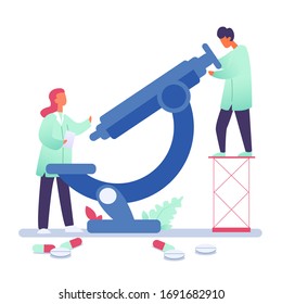 Vector illustration of medical expertise, doctors making vaccine on medical equipment. Medical diagnosis, Corona virus concept on white background.