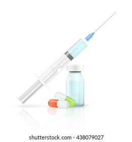 Vector illustration of a medical glass bottle, pills and plastic medical syringe. Packing on white background isolated