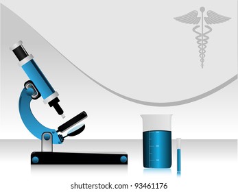 Vektorgrafik eines abstrakten medizinischen Hightech-wissenschaftlichen Hintergrunds, mit Mikroskop, Becher, Medizinsymbol