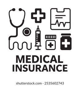 Ilustração vetorial de ícone médico definido em silhueta, saúde e medicina, seguro médico