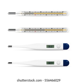 Vector illustration. Medical icons. Realistic electronic and mercury glass thermometers. With high temperatures and sickness and the normal temperature of a healthy person.