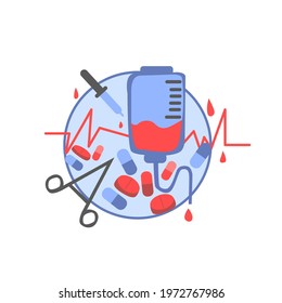 vector illustration of medical items on the topic of healthcare and health, icons in a circle with pills, dropper, cardiogram, thermometer, ambulance car