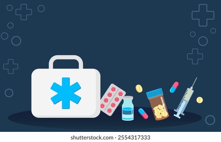 Vector illustration of a medical kit surrounded by pills, a syringe, and medicine bottles, symbolizing healthcare, emergency aid, and medical supplies.