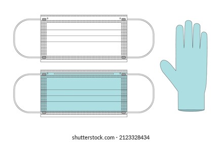 Vector illustration of medical mask and gloves. Front and back