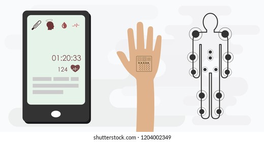 Vector Illustration Of Medical Patches On Hand And Body For Wearable Technologies For Health 