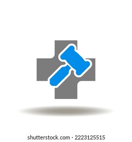 Vector illustration of medical or pharmacy cross with gavel. Icon of medical and pharmaceutical malpractice. Symbol of negligence and law.