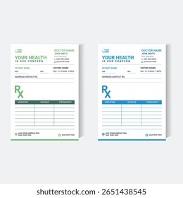 Vector illustration of a medical prescription pad template with modern, minimalist design in green and blue. Features editable sections for patient info, doctor name, dosage, and frequency.