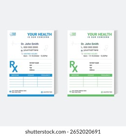 Ilustração vetorial de um modelo de receituário médico com design moderno e minimalista em verde e azul. Apresenta seções editáveis para informações do paciente, nome do médico, dosagem e frequência.