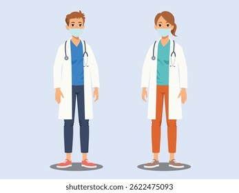 Vector illustration of medical professional, including doctors and nurses in scrub and lab coat, standing as a team. Flat design of hospital staff for healthcare, medical, and clinic-related concepts.