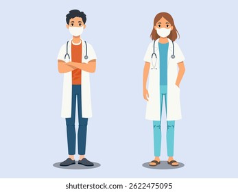 Vector illustration of medical professional, including doctors and nurses in scrub and lab coat, standing as a team. Flat design of hospital staff for healthcare, medical, and clinic-related concepts.