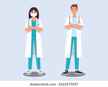 Vector illustration of medical professional, including doctors and nurses in scrub and lab coat, standing as a team. Flat design of hospital staff for healthcare, medical, and clinic-related concepts.