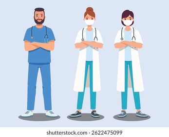 Vector illustration of medical professional, including doctors and nurses in scrub and lab coat, standing as a team. Flat design of hospital staff for healthcare, medical, and clinic-related concepts.