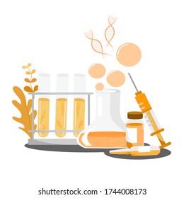 vector illustration of Medical research experiment for Vaccine. Using test tube, flask, syringe, vial and ampule in orange color shade.