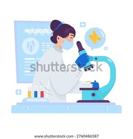 Vector illustration of medical researcher analyzing micro bacteria using microscope, microbiology research, laboratory test scientist, cartoon flat design