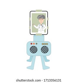 Vector illustration of Medical Robot Dog to Help Doctors Treat Coronavirus Patients in isolation. Healthcare workers to video conference with patients while remotely directing the robot.