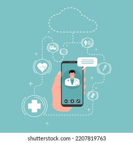 Vector illustration, Medical service online concept. Medical advise or consultation service. Online medical information, advice, answer on prescription drugs questions on smartphone.