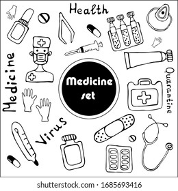 Vector illustration of a medical set. Black outline on an isolated white background in the Doodle style. Includes first-aid kit, medications, thermometer, stethoscope, medical mask, and medical worker