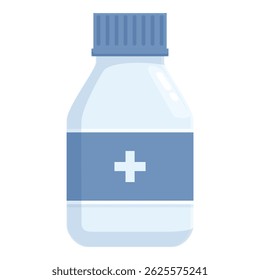 Ilustración vectorial de la botella de la solución médica con el casquillo azul, aislado en fondo blanco. Contenedor plano de la medicación de la farmacia del diseño, icono de la atención sanitaria, gráfico simple